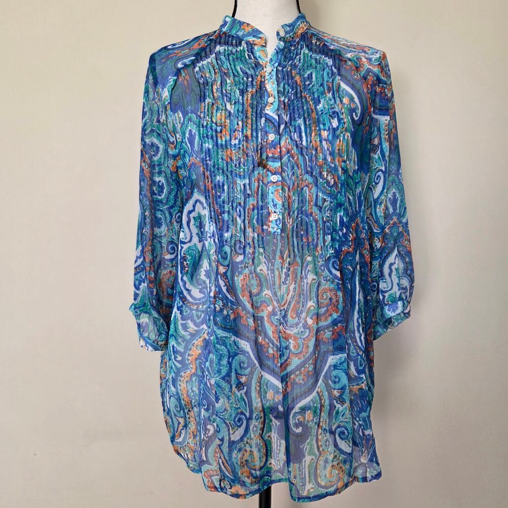 Lauren Ralph Lauren XL Blouse Sheer 3/4 Sleeve 1/2 Button Pintuck Paisley Blue